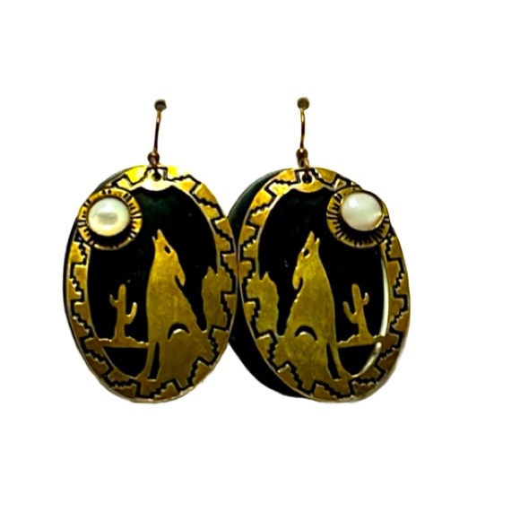 Silver Forest Jewelry - Vintage Silver Forest Brass Coyote Howling at the Moon Earrings.